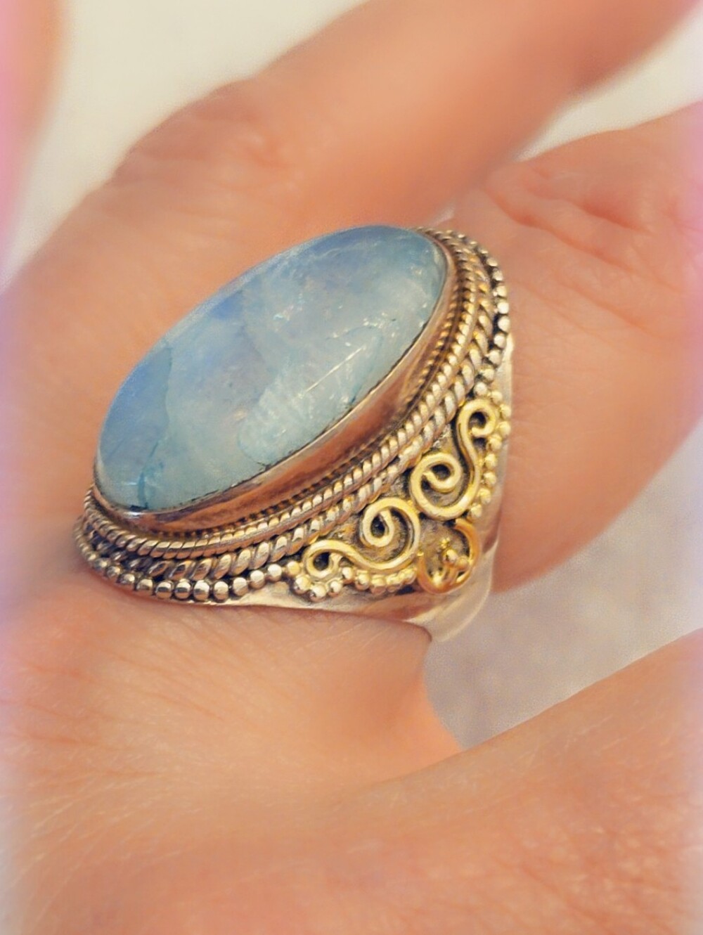 Blue Rainbow Moonstone Sterling Silver Gemstone Ring